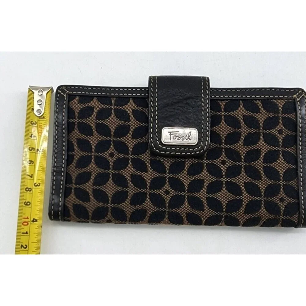 Vintage Fossil Wallet Bi-Fold Brown Textile/Leather Snap Front Zip‎ Pocket 7